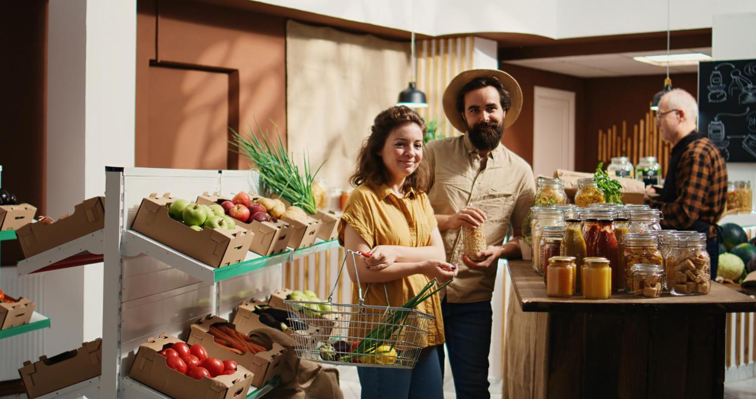 Nesta cena vibrante, um homem e uma mulher estão atrás de uma mesa repleta de produtos frescos num mercado ao ar livre. O homem usa chapéu de palha enquanto a mulher está adornada com uma blusa amarela. Eles estão rodeados por uma variedade de frutas e vegetais, incluindo maçãs, laranjas e bananas, que dão um toque de cor ao cenário. Ao fundo, outros compradores podem ser vistos percorrendo as bancas do mercado, aumentando a atmosfera animada. A imagem captura a essência de um dia de mercado movimentado, repleto de produtos frescos e interações animadas.
